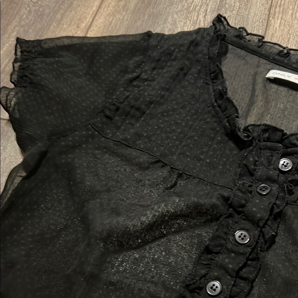 Black Ruffled Button-Up Women's Top - Picture 3 of 5